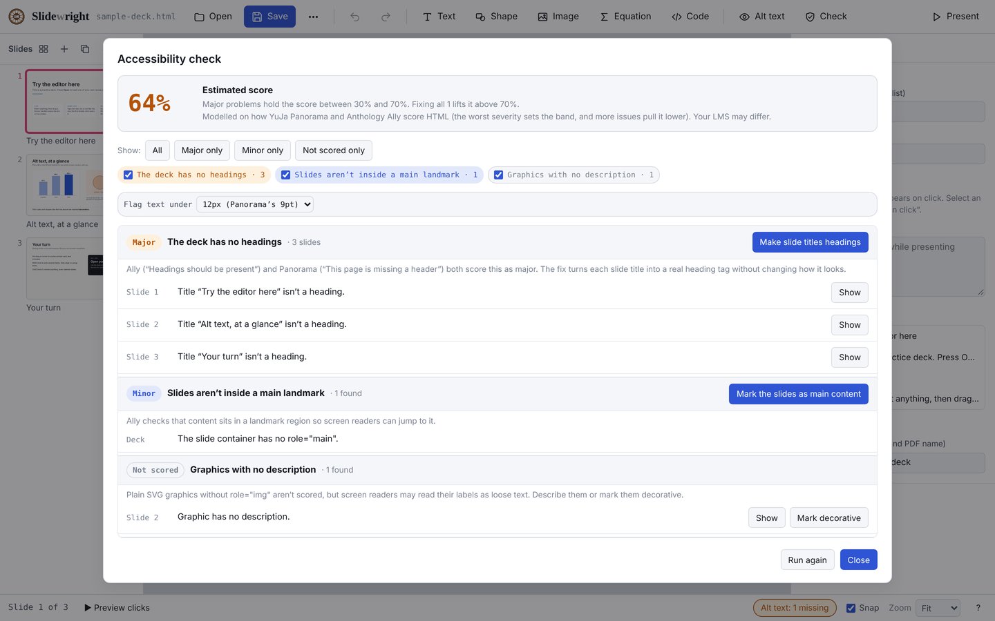 The Slidewright accessibility check showing an estimated score of 64 percent, filters for major, minor and unscored issues, and a list of problems by slide with buttons that fix them.