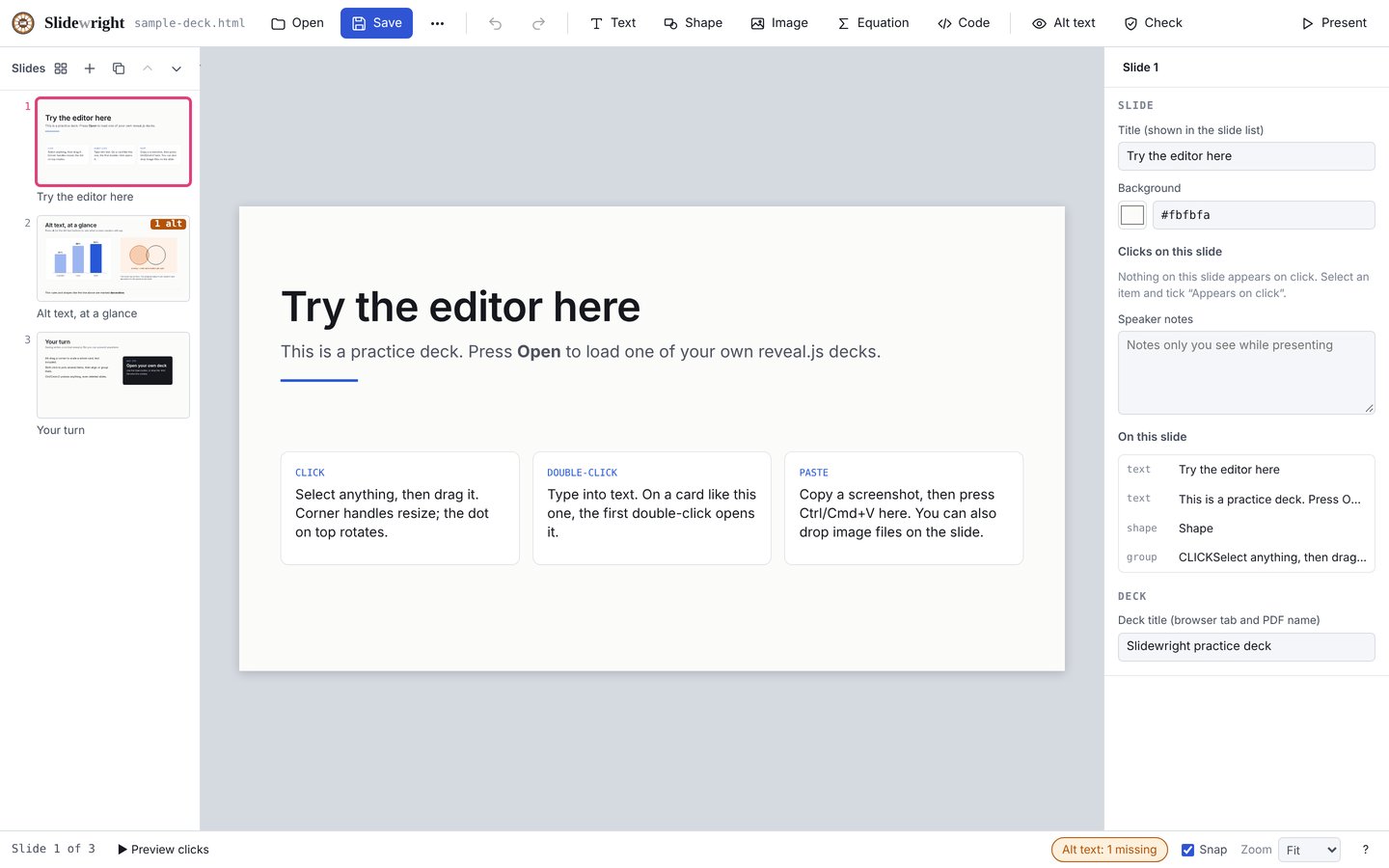 The Slidewright editor with its practice deck open. Slide thumbnails are on the left, the selected slide is in the middle, and slide settings such as title, background, clicks and speaker notes are on the right.